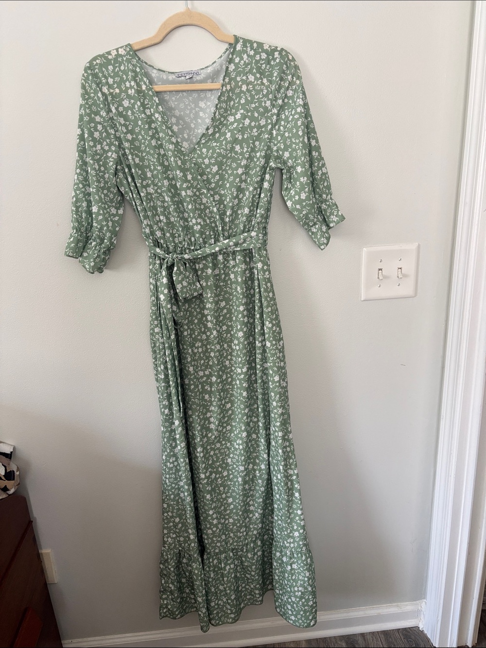 Sage Green Floral Wrap Maxi Dress with Tie Waist